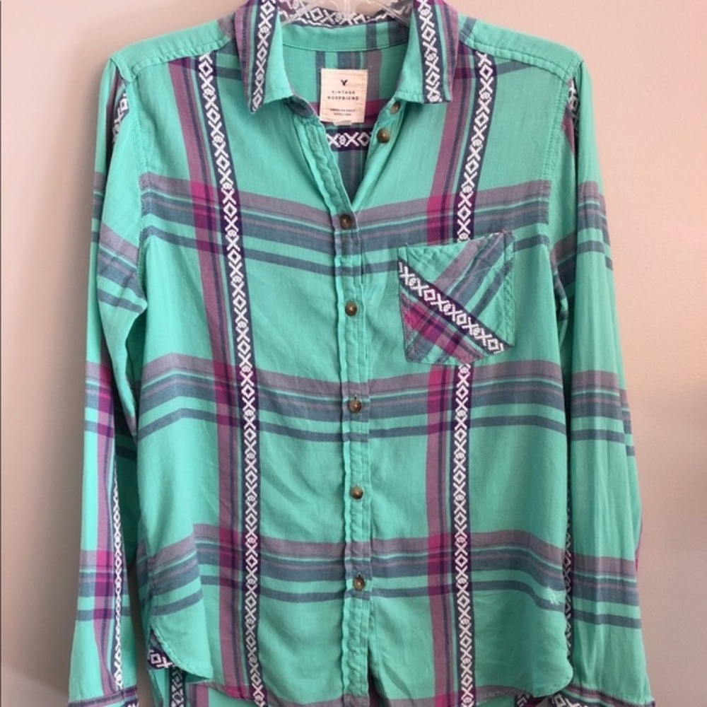 American Eagle teal Vintage Boyfriend plaid shirt.